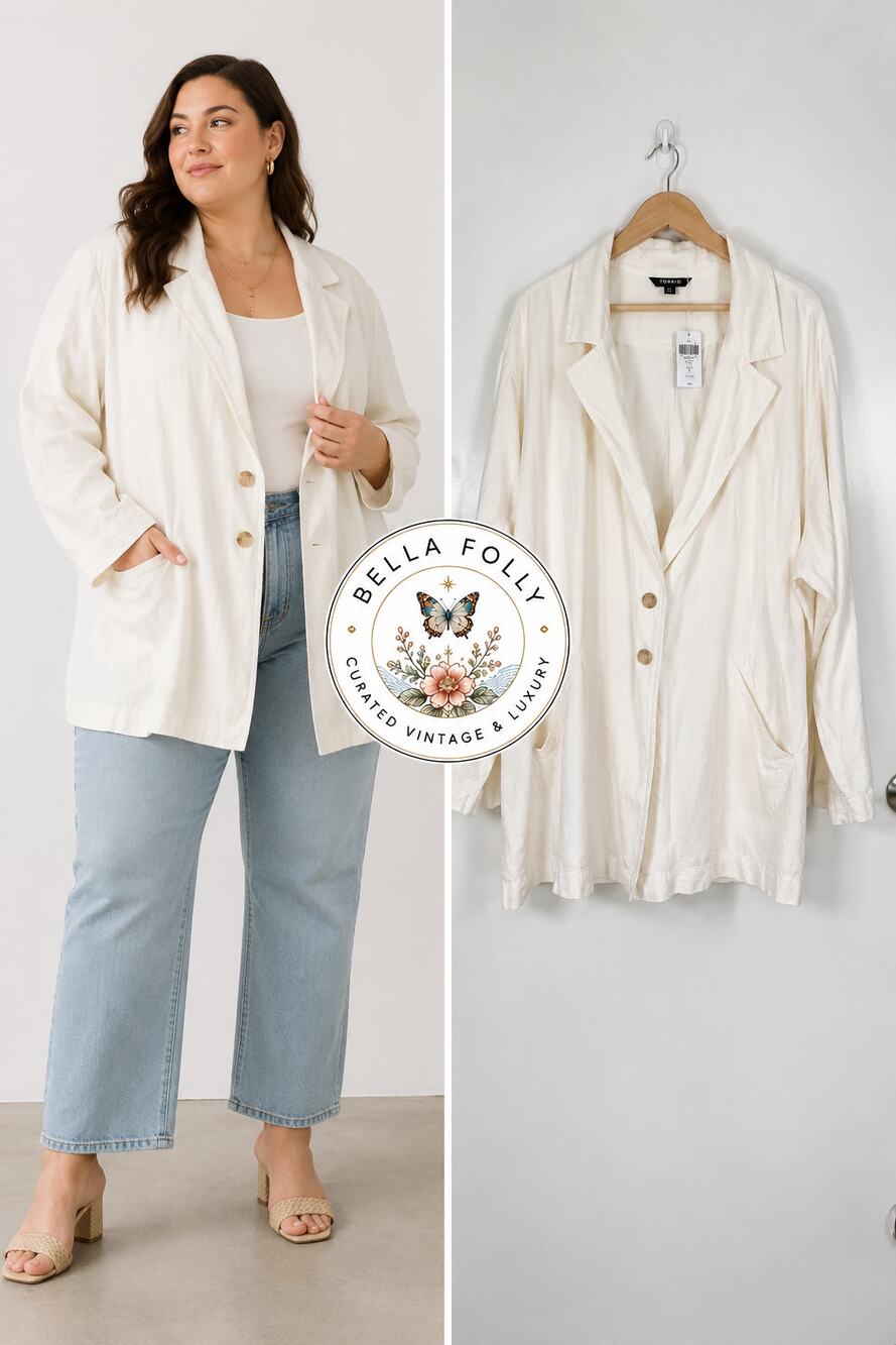 Torrid Linen Longline Button Front Blazer Jacket 5X / 28 NWT Cream Off White